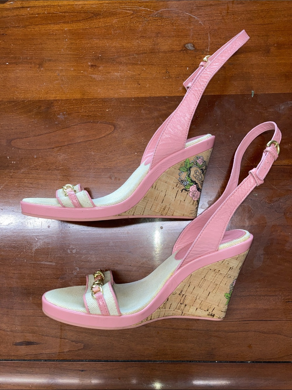 Coach Tattoo Print Cork Wedge Sandals,